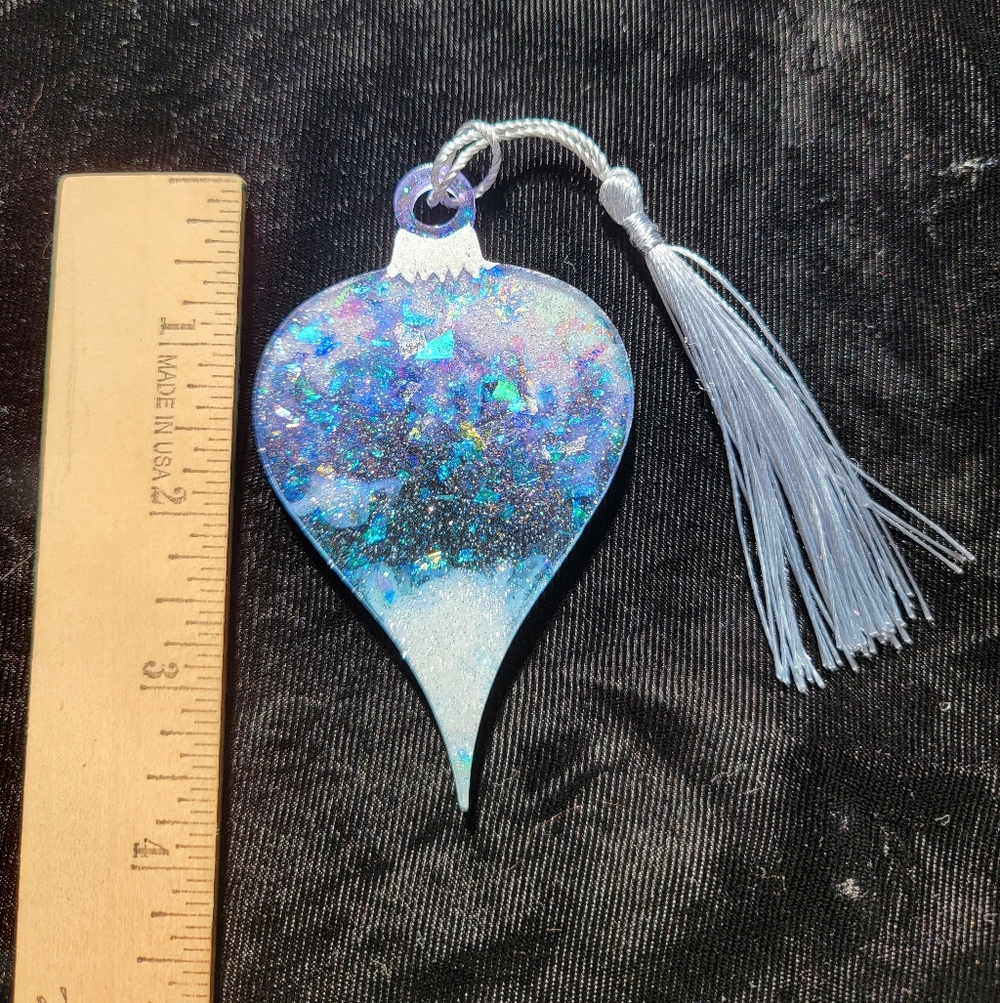Handmade Winter Blues & White Resin Glitter Christmas Ornament with Tassel